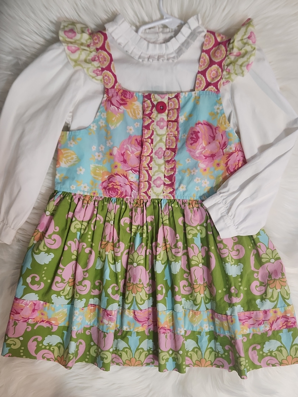 2 Pc Floral Pinafore Top & Long Sleeve Button Collar Shirt - Size 6